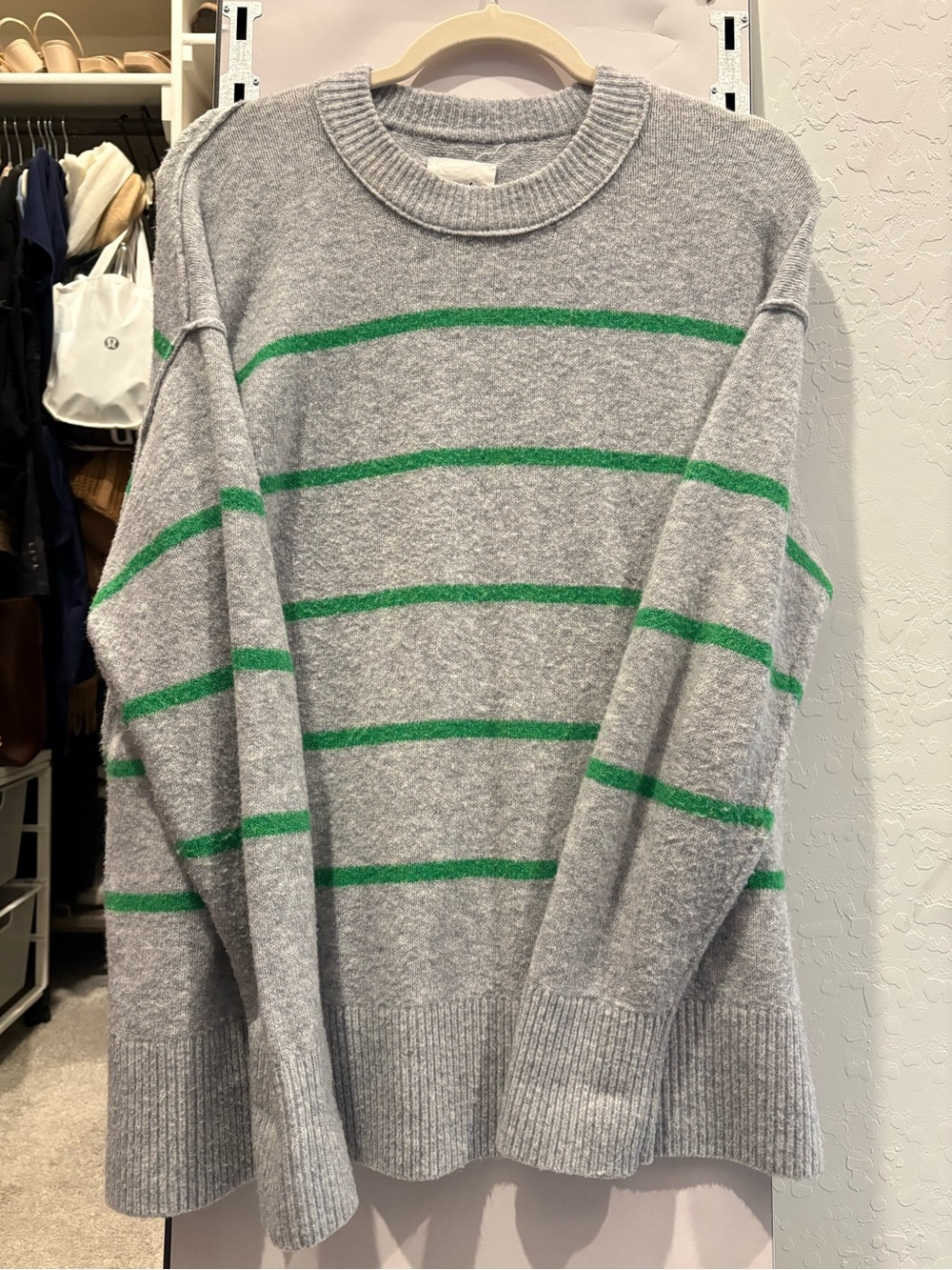 aerie Gray Crewneck Sweater with Green Stripes